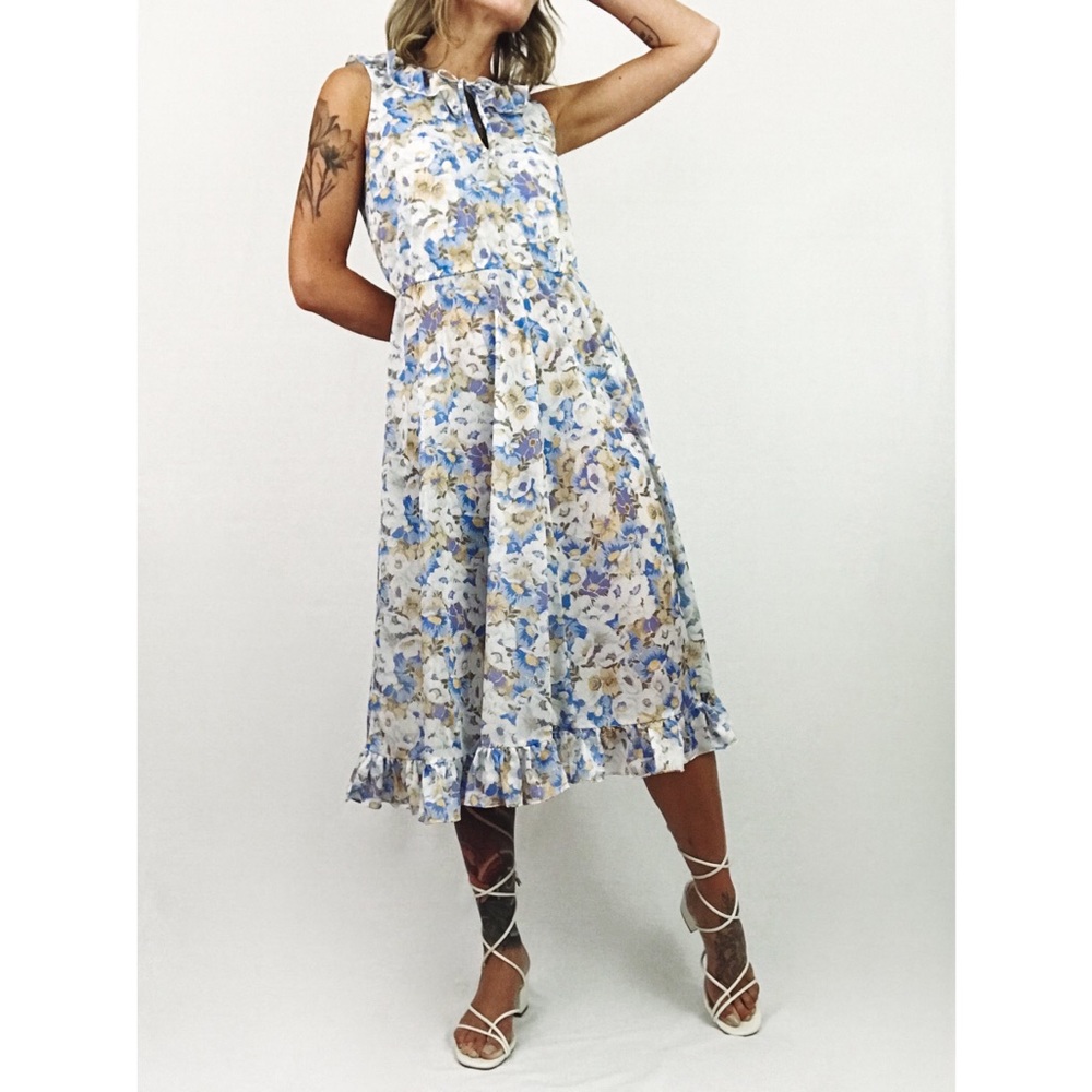 Vintage Ruffled Botanical Sundress in Blue | Size M